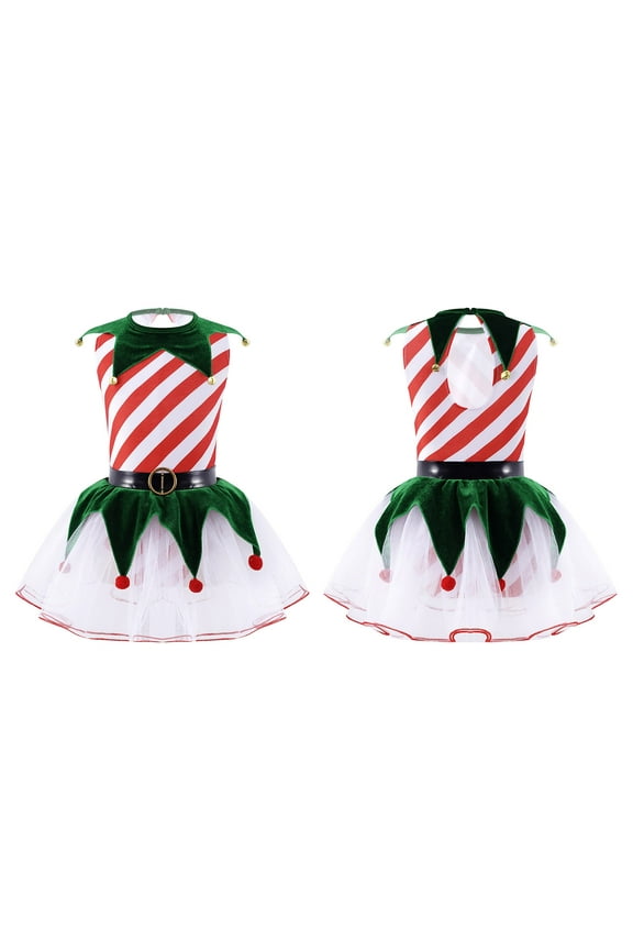 Girl Mrs Santa Costume Tutu Leotard Dress with Bells Stripes Print Dancewear