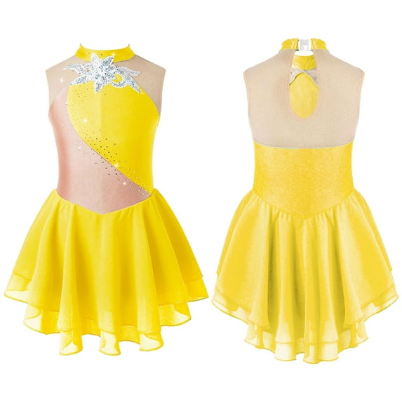 TiaoBug Girl Sleeveless Shiny Rhinestones Ice Figure Skating Dress Ballet Dancewear Yellow 10