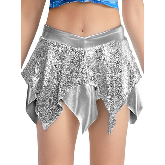 TiaoBug Girl's Mini Skirts Metallic Hip Hop Jazz Dance Cheerleading Sparkly Sequin Skater Skorts Dancewear Silver 8