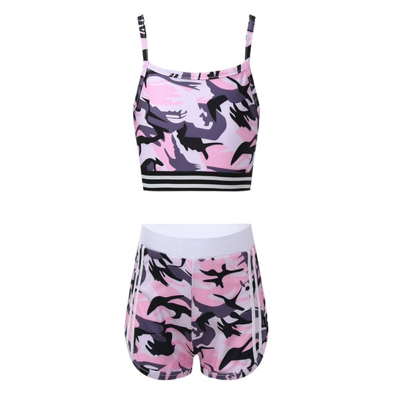 TiaoBug Girls 2 Piece Camouflage Athletic Set Spaghetti Straps Crop Top with Shorts Set Dance Activewear