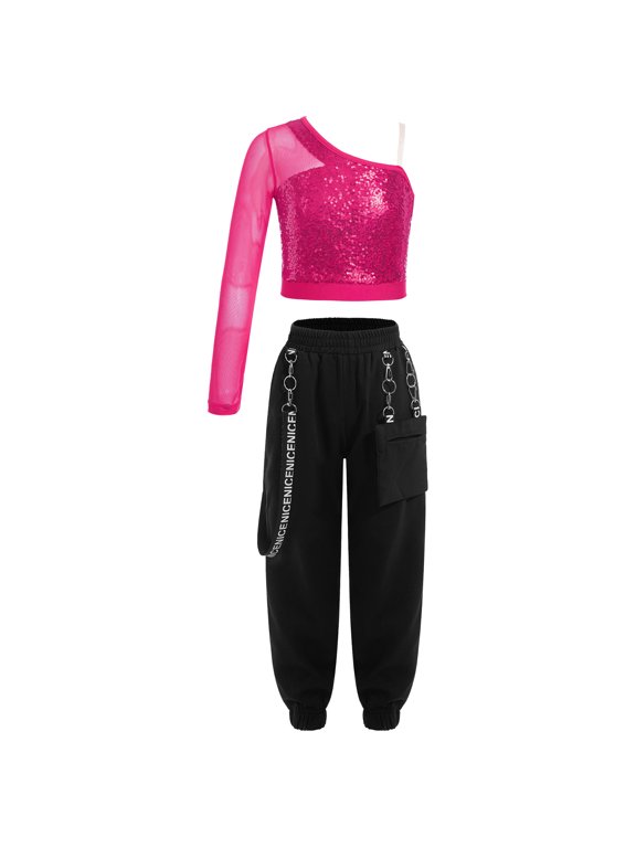 Girls 2 Piece Jazz Street Dance Outfit Hip Hop Crop Top with Jogger Pants Set Tracksuit Hot Pink 10