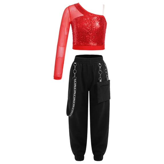 TiaoBug Girls 2 Piece Jazz Street Dance Outfit Hip Hop Crop Top with Jogger Pants Set Tracksuit Red 10