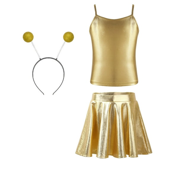 TiaoBug Girls Alien Outfits Kids Metallic Cami Tops Mini Skirt Hair Hoop Holographic Rave Sets Gold 6