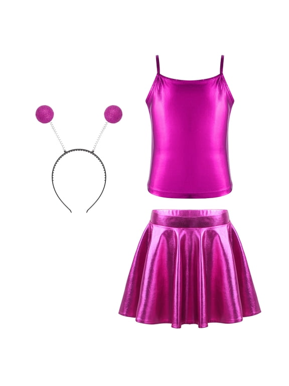 Girls Alien Outfits Kids Metallic Cami Tops Mini Skirt Hair Hoop Holographic Rave Sets Rose Red 10