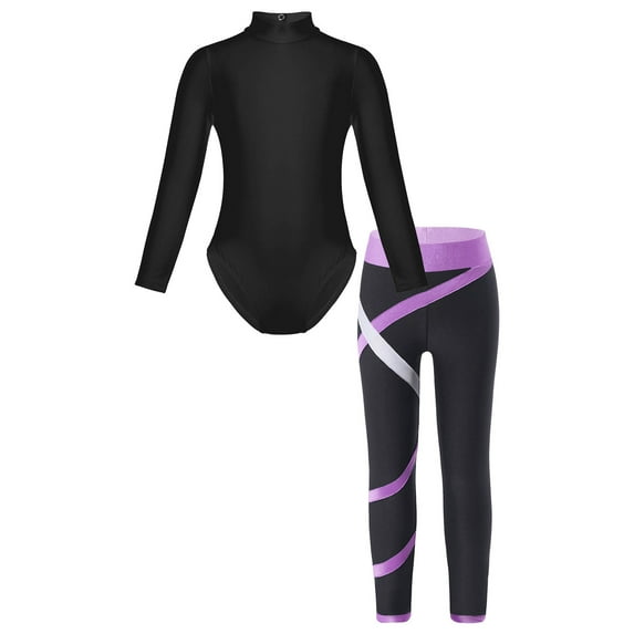 TiaoBug Girls Ballet Long Sleeve Unitards with Leggings Outfit for Dance Gymnastics Skating Leotard Lavender 5-6