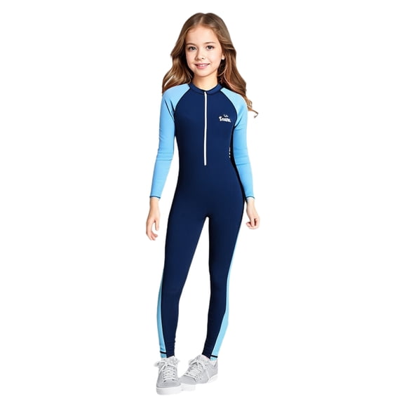 TiaoBug Girls Boys One Piece Swimsuit Unisex Full Length Rash Guard Long Sleeve Wetsuit Swimwear Navy Blue 7-8