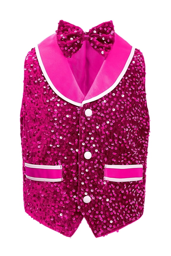 Girls Boys Sequins Waistcoat Choir Hip Hop Jazz Dance Tops Ballet Stage Performance Fancy Dress Vest Hot Pink 16