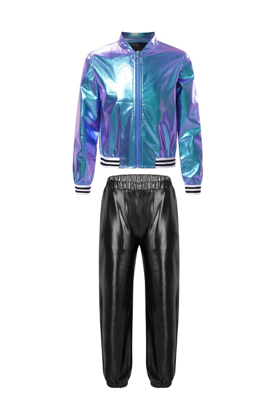 Girls Boys Shiny Hip Hop Street Dance Outfits Metallic Zipper Bomber Jacket And Pants Sports Tracksuit Colorful-B 6