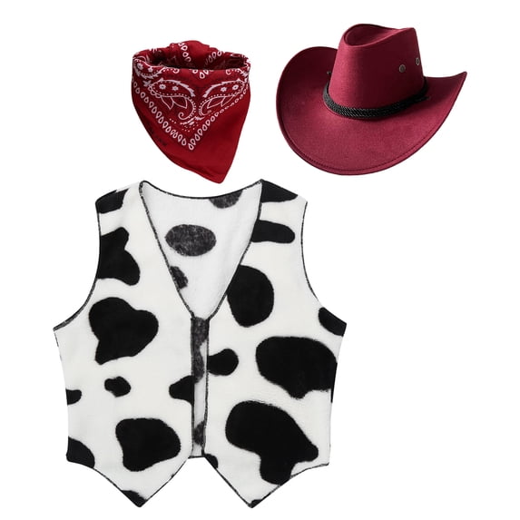 TiaoBug Girls Boys Western Cowboy Cowgirl Costume Kids Cow Print Vest with Hat Bandanna Outfit Burgundy 14