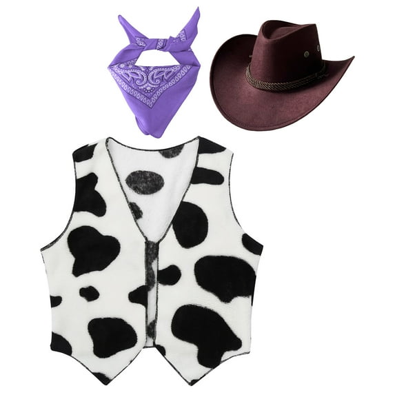 TiaoBug Girls Boys Western Cowboy Cowgirl Costume Kids Cow Print Vest with Hat Bandanna Outfit Purple 4
