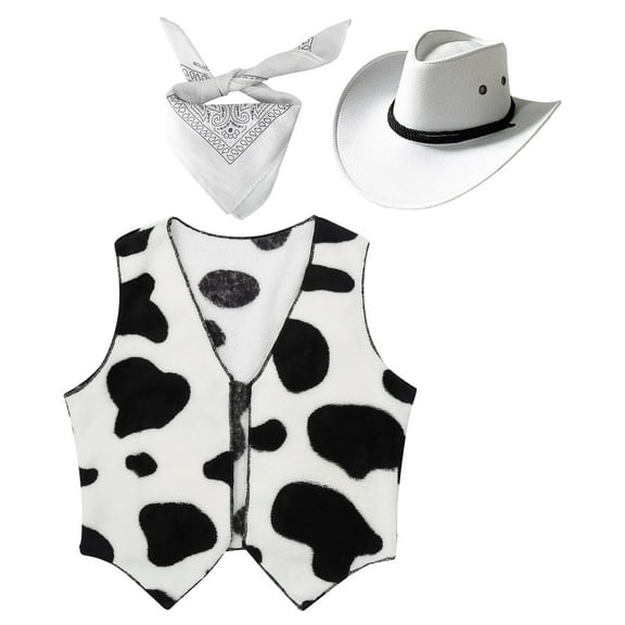TiaoBug Girls Boys Western Cowboy Cowgirl Costume Kids Cow Print Vest with Hat Bandanna Outfit White 6