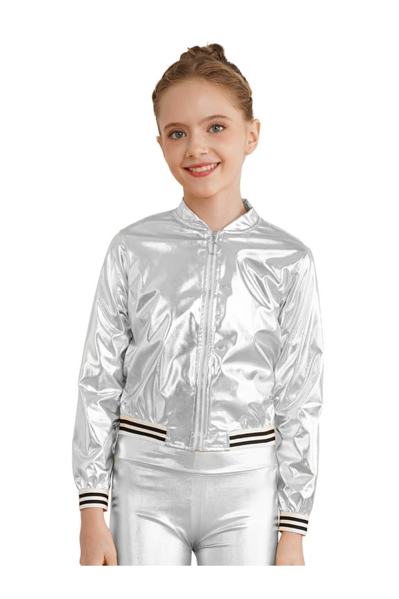 Girls Bronzing Baseball Jacket Long Sleeve Varsity Coat Jazz Hip Hop Dance Outerwear A Silver 12