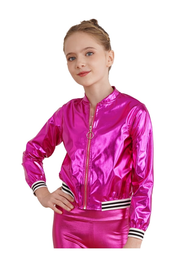Girls Bronzing Baseball Jacket Long Sleeve Varsity Coat Jazz Hip Hop Dance Outerwear Rose 12