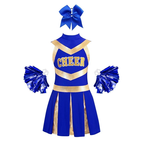 TiaoBug Girls Cheer Leader Outfits Carnival Party Cheerleading Dress with Headwear Pom Poms A Blue 14