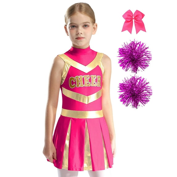 TiaoBug Girls Cheer Leader Outfits Carnival Party Cheerleading Dress with Headwear Pom Poms B Hot Pink 10