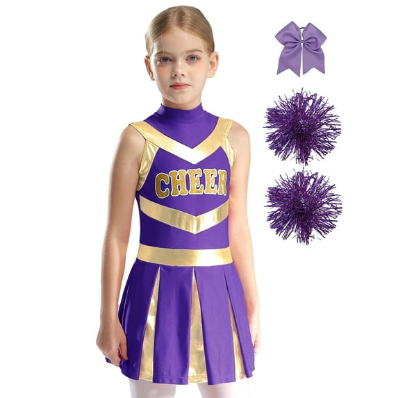 TiaoBug Girls Cheer Leader Outfits Carnival Party Cheerleading Dress with Headwear Pom Poms B Purple 10