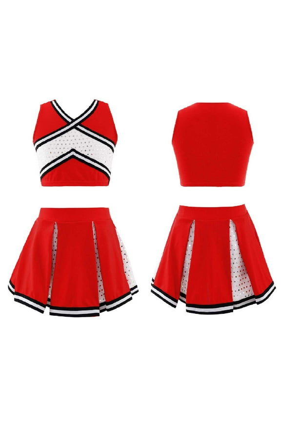 Girls Cheerleading Dance Outfits Sleeveless Striped V Neck Crop Top Pleated Skirt Sequins Set 4-14