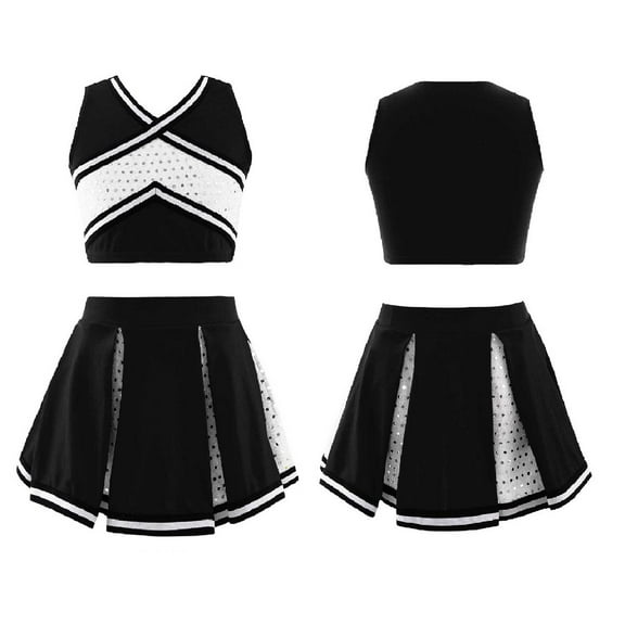 TiaoBug Girls Cheerleading Dance Outfits Sleeveless Striped V Neck Crop Top Pleated Skirt Set 4-14 Black 6