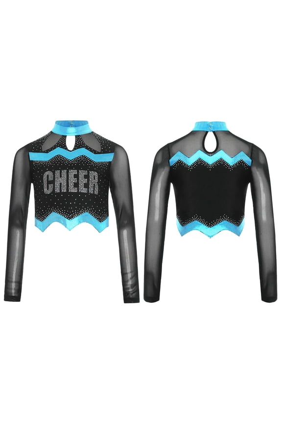 Girls Cheerleading Shirts Long Sleeve Mesh Rhinestone Cheer Uniform Crop Top Dancewear Blue 6