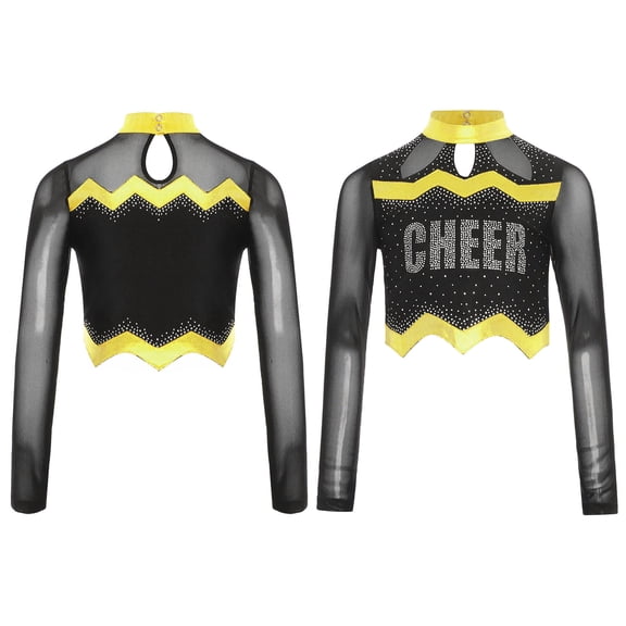 TiaoBug Girls Cheerleading Shirts Long Sleeve Mesh Rhinestone Cheer Uniform Crop Top Dancewear Gold 12