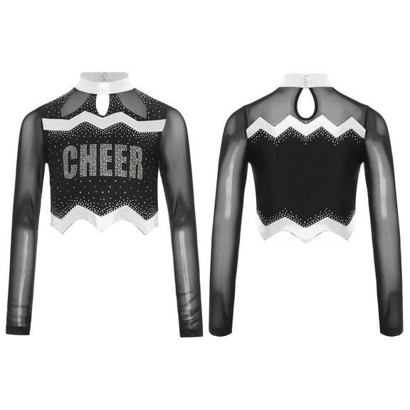 TiaoBug Girls Cheerleading Shirts Long Sleeve Mesh Rhinestone Cheer Uniform Crop Top Dancewear Silver 16