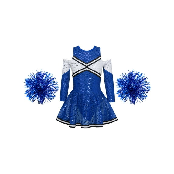 TiaoBug Girls Cheerleading Uniform Outfits Kids Long Sleeve Off-Shoulder Sequin Leotard Dress with Flower Balls Sets Royal Blue 14