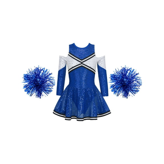 TiaoBug Girls Cheerleading Uniform Outfits Kids Long Sleeve Off-Shoulder Sequin Leotard Dress with Flower Balls Sets Royal Blue 6