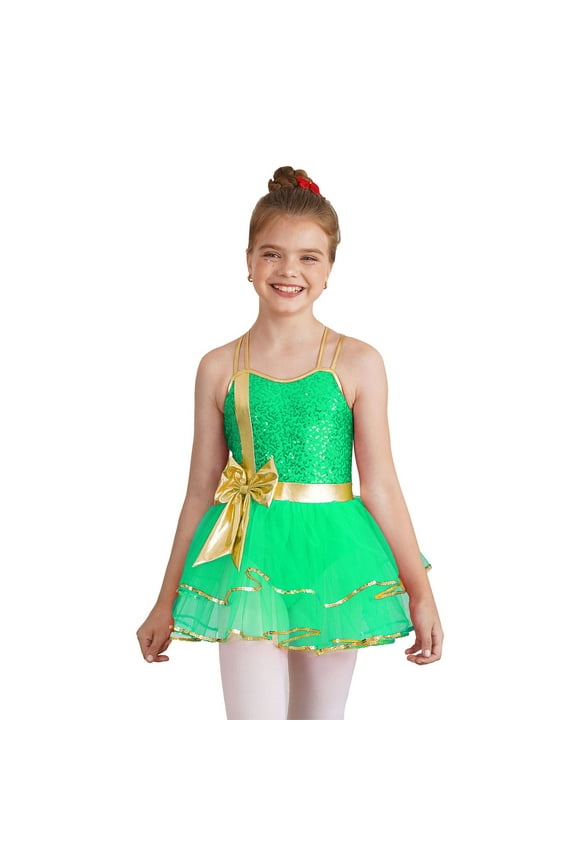 Girls Christmas Ballet Dance Dress Kids Sequins Straps Ballerina Leotard Dancewear Green 16
