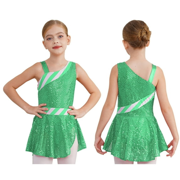 TiaoBug Girls Christmas Candy Cane Costume Shiny Sequins Ballet Dance Leotard Dress Green 14