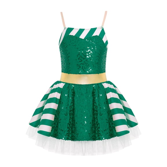 TiaoBug Girls Christmas Cheer Dance Performance Costume Sequins Ballet Ice Skating Leotard Tutu Dress Green 12