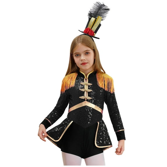 TiaoBug Girls Circus Magician Halloween Costume Ringmaster Lion Tamer Outfits Sequins Drummer Jumpsuit Black A 14
