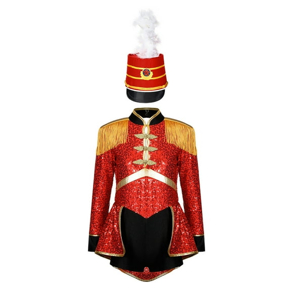TiaoBug Girls Circus Magician Halloween Costume Ringmaster Lion Tamer Outfits Sequins Drummer Jumpsuit Red B 6
