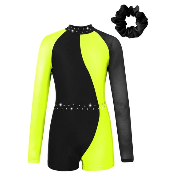 TiaoBug Girls Diamond Long Sleeve Gymnastics Unitards Biketards Kids Color Block Leotards Jumpsuit Fluorescent Yellow 16
