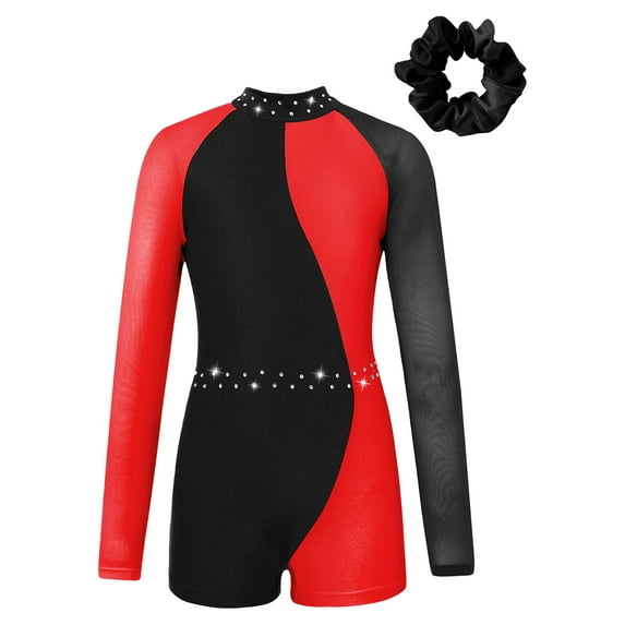 TiaoBug Girls Diamond Long Sleeve Gymnastics Unitards Biketards Kids Color Block Leotards Jumpsuit Red 6