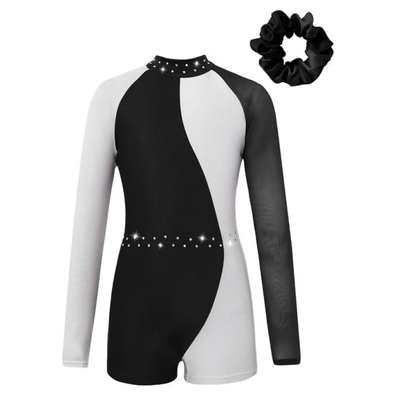 TiaoBug Girls Diamond Long Sleeve Gymnastics Unitards Biketards Kids Color Block Leotards Jumpsuit White 14