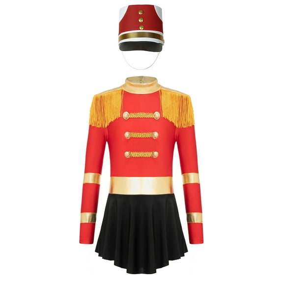 TiaoBug Girls Drummer Conductor Performance Costume Circus Ringmaster Drum Majorette Jumpsuit with Hat Red B 12