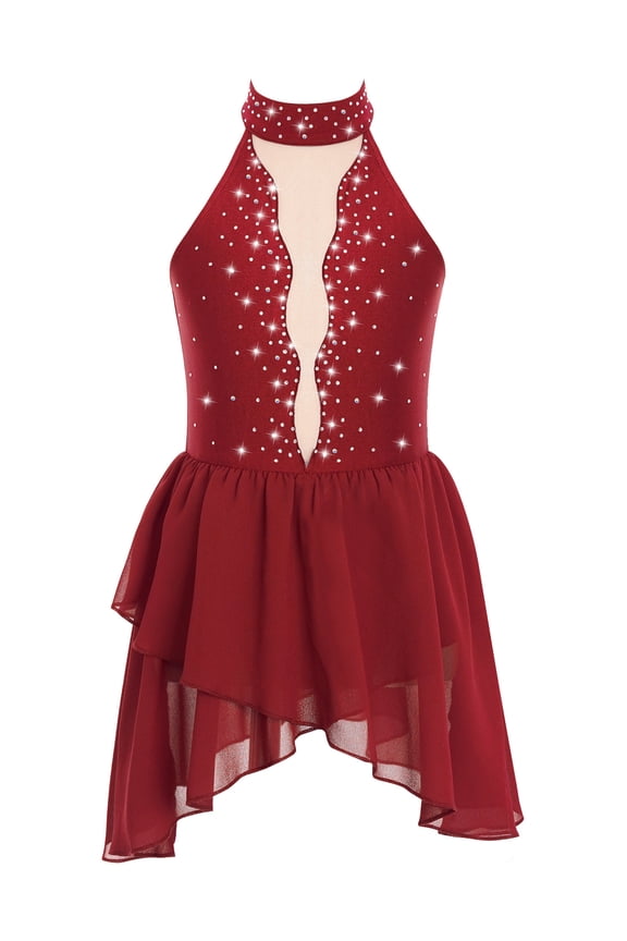 Girls Figure Ice Skating Dress Sleeveless Rhinestones Leotard Splice Mesh Dress Lyrical Dance Costume Burgundy 10