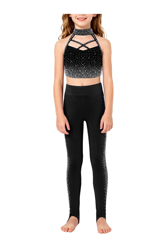 Girls Figure Ice Skating Training Suit Sports Gymnastics Dance Crop Top with Leggings Set Activewear Black 6