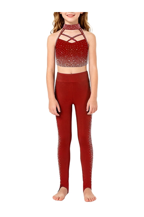 Girls Figure Ice Skating Training Suit Sports Gymnastics Dance Crop Top with Leggings Set Activewear Burgundy 10