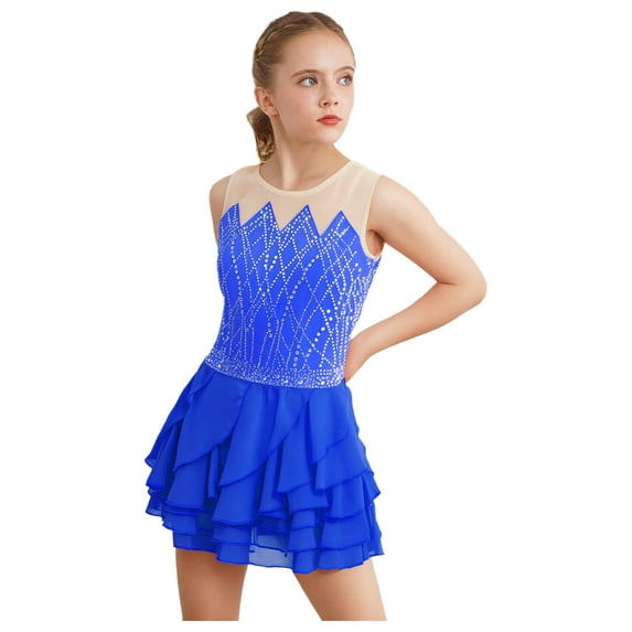 TiaoBug Girls Figure Skating Dress Ballet Dance Tutu Dress Shiny Rhinestones Ruffled Lyrical Dance Dress Blue 6