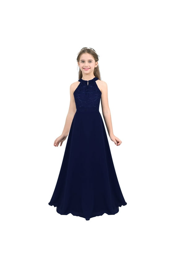 Girls Floral Lace Halter Princess Dress Wedding Bridesmaid Maxi Dress Formal Evening Prom Gown Navy Blue 16
