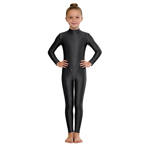 TiaoBug Girls Full Body Long Sleeve Unitard Turtleneck Gymnastic Leotard One Piece Bodysuits Dancewear Black 14