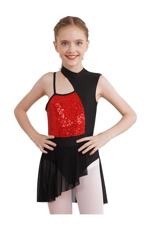 Girls Glitter Sequins Sleeveless Dance Dress Irregular Shoulder Straps Leotard Tulle Dresses Latin Jazz Dance Costume Red 6