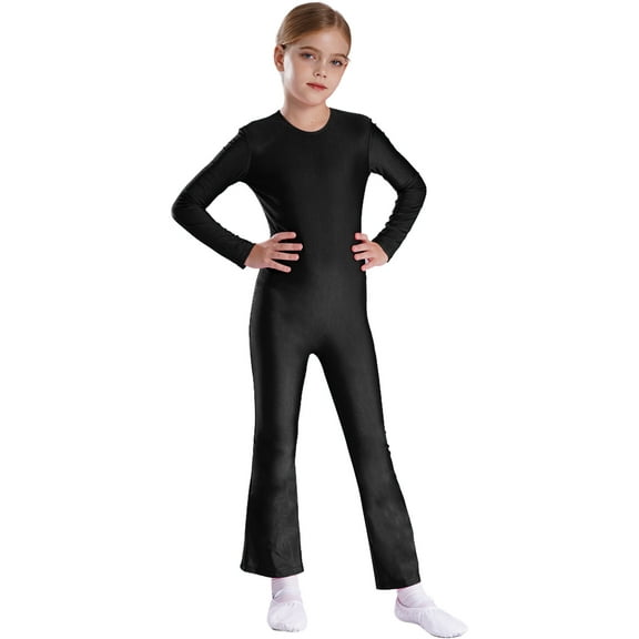 TiaoBug Girls Gymnastics Jumpsuit Full Body Bell Bottom Catsuit Crewneck Long Sleeve Dance Unitard Black 8