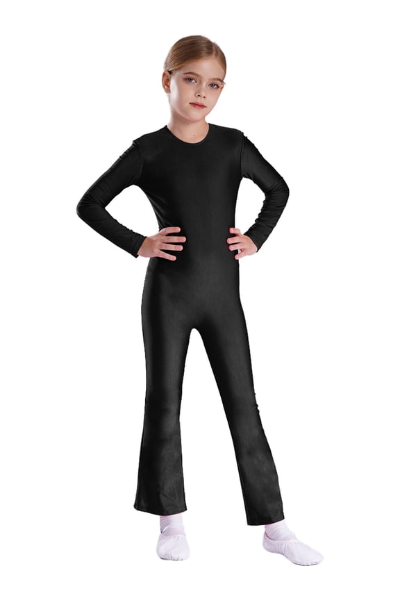 Girls Gymnastics Jumpsuit Full Body Bell Bottom Catsuit Crewneck Long Sleeve Dance Unitard Black 8