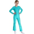 thumbnail image 1 of TiaoBug Girls Gymnastics Jumpsuit Full Body Bell Bottom Catsuit Crewneck Long Sleeve Dance Unitard Blue Green 8, 1 of 7