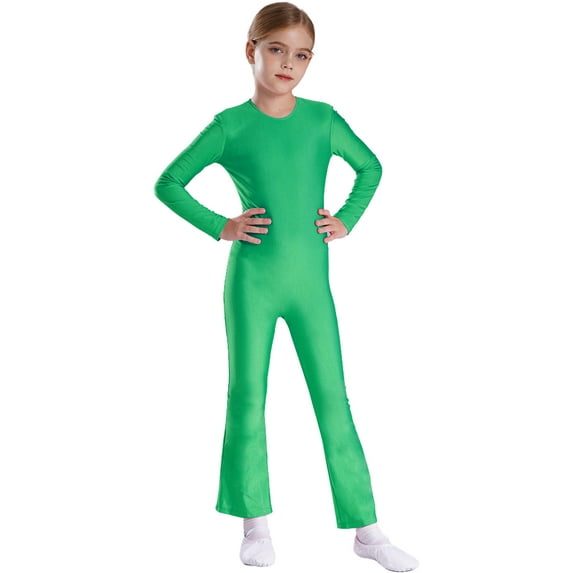 TiaoBug Girls Gymnastics Jumpsuit Full Body Bell Bottom Catsuit Crewneck Long Sleeve Dance Unitard Green 10