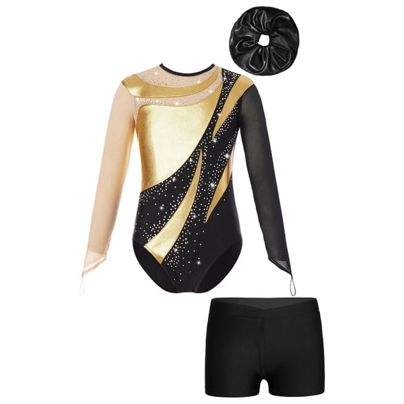 TiaoBug Girls Gymnastics Leotard Rhinestone Mesh Long Sleeve Tumbling Bodysuit with Shorts Hair Band Set Gold&Black 8