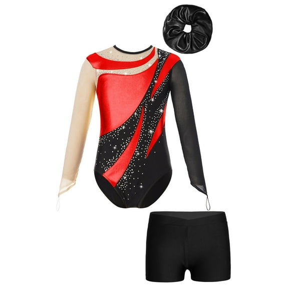 TiaoBug Girls Gymnastics Leotard Rhinestone Mesh Long Sleeve Tumbling Bodysuit with Shorts Hair Band Set Red&Black 6