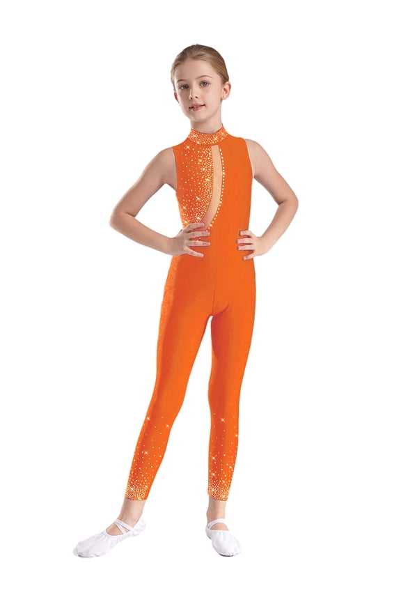 Girls Gymnastics Unitard Kids Sparkly Ballet Leotard Dance One Piece Sleeveless Athletic Full Bodysuit Orange 6